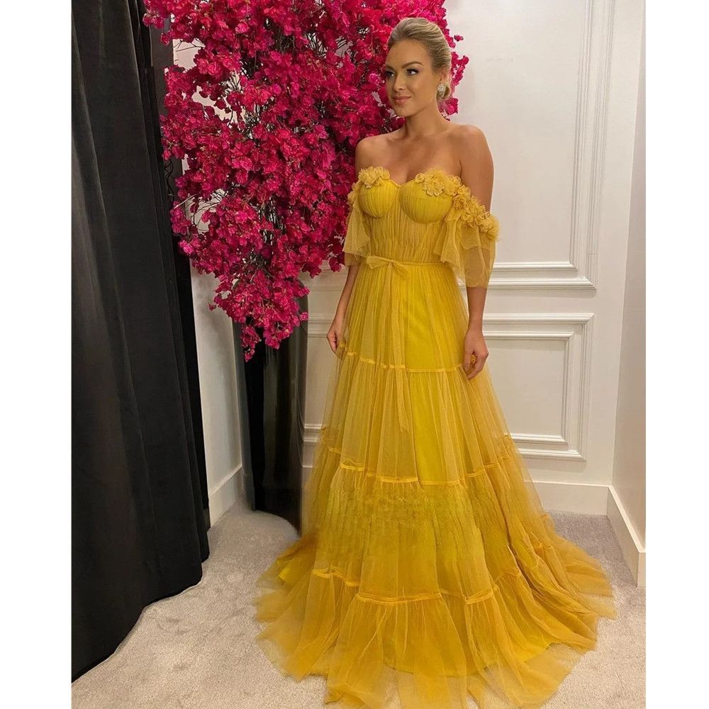 Yellow Sweetheart A-Line Prom Dresses Off the Shoulder 3D Flowers Tiered Tulle Evening Dresses Open Back Formal Prom Gowns Custom Made 01