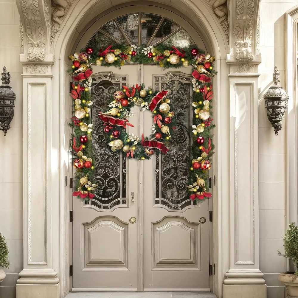 Pre-Lit 24 Inch Christmas Wreath for Front Door Large Outdoor Holiday Wreath with Red and Gold LightsM251115