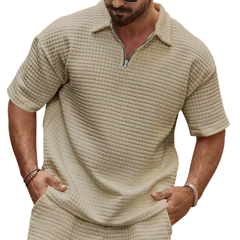 2025 Summer New Polo Shirt for Men's Casual and Comfortable Jacquard Small Square Solid Color Collar Sports Short Sleeve