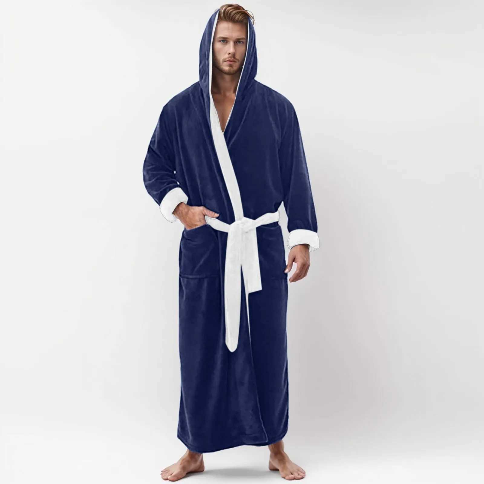 Mens Oversized Long-Sleeve Hooded Bathrobe Fall Winter Long Pajamas Loungewear Mens Plus Size Kimono Pajamas Nightgowns Robe C251115