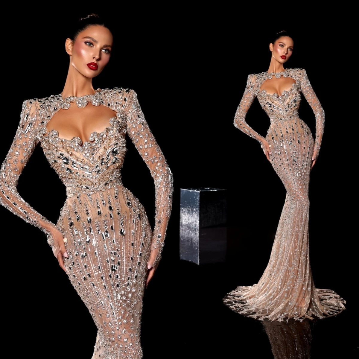 Sexy Beaded Rhinestones Evening Dress Illusion Long Sleeve Prom Dresses Customized Floor Length Party Gown