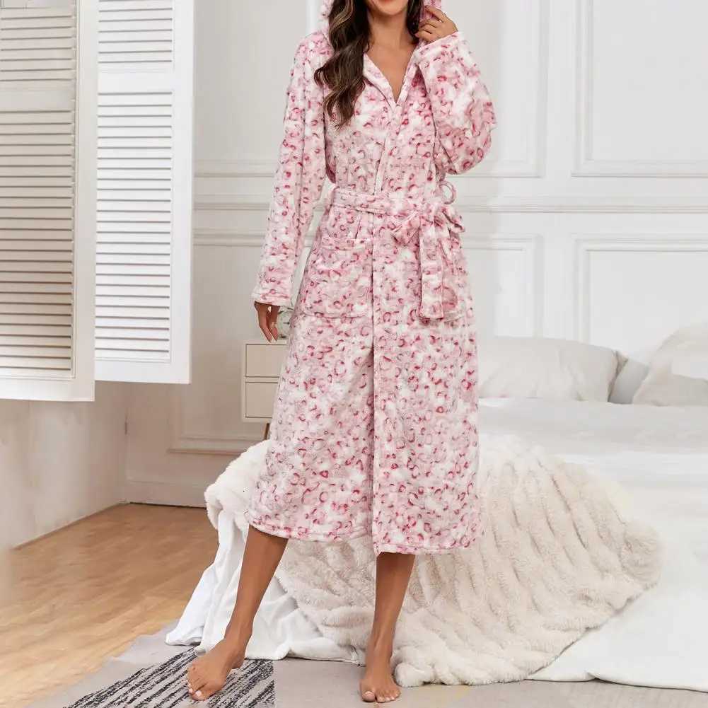 Leopard Print Nightwear Cozy Flannel Hooded Nightgown with Adjustable Belt Pockets for Women Warm Winter Homewear Robe C251115
