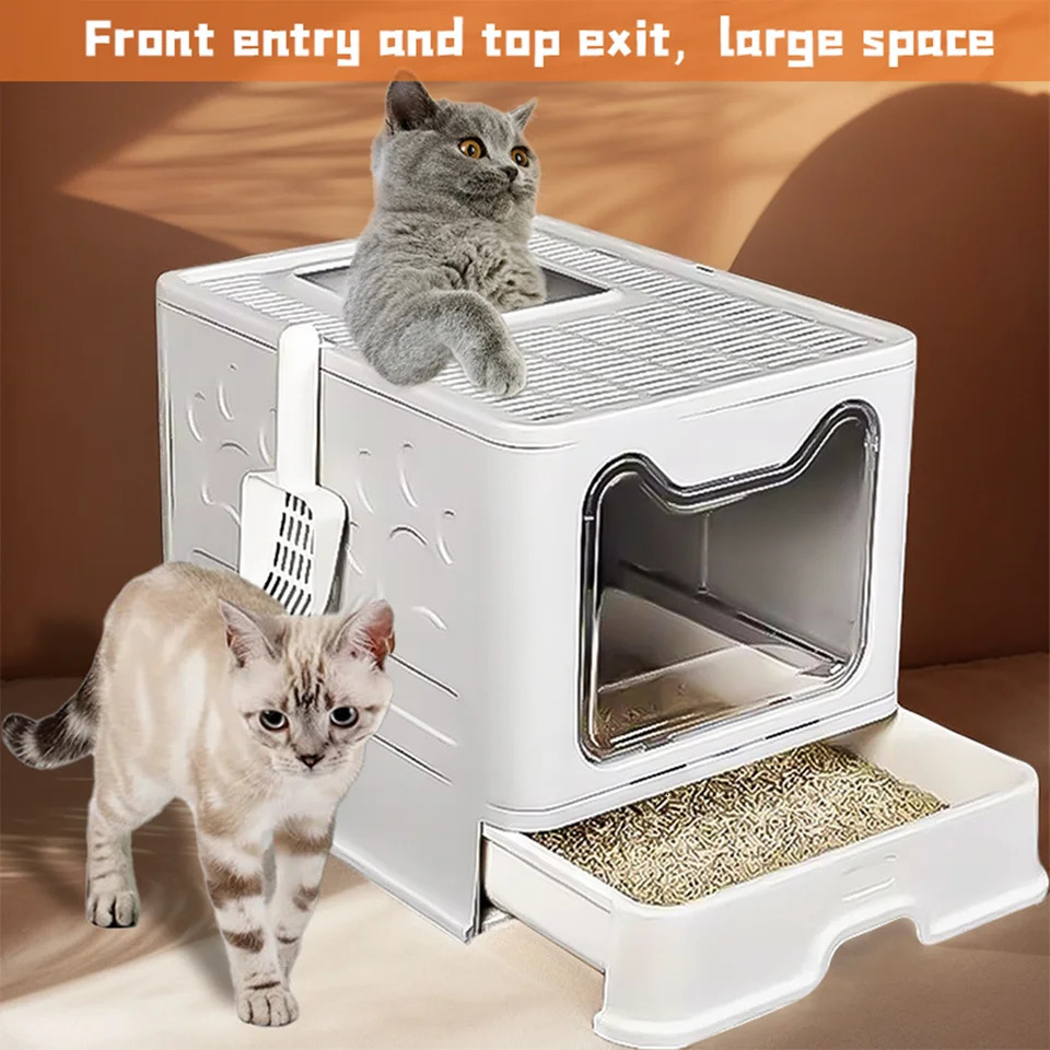 Foldable Cat Litter Box Top Entry Enclosed Anti-Splashing Cat Toilet with Scoop Cleaning Brush 250414