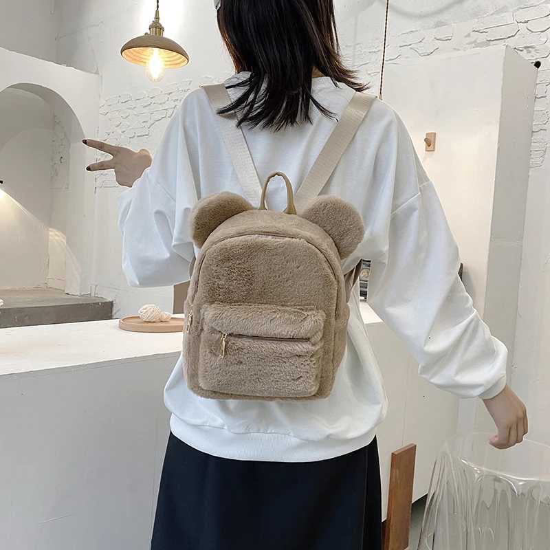 Bear Ears Plush Women Backpack Faux Fur Shoulders Bag Cute Furry Women Bag Mini Girl Backpacks NEW Winter Bags For Women 2020W251114