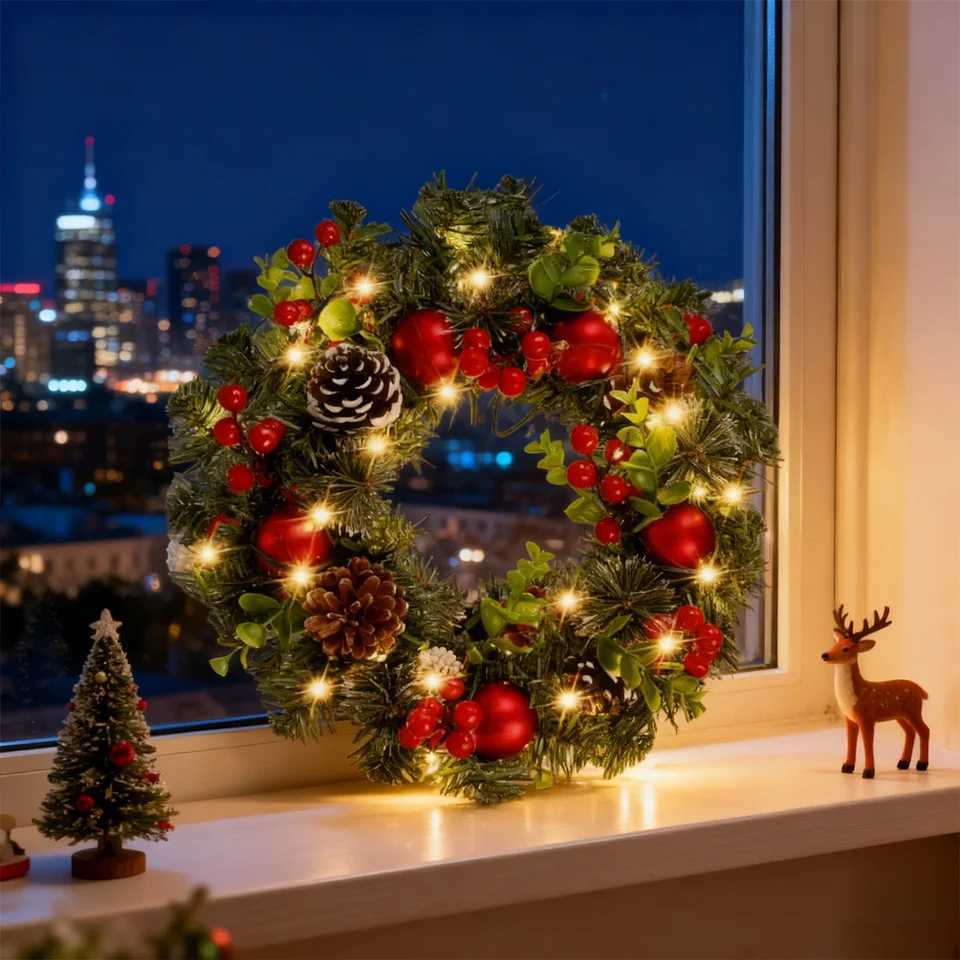 House Red Garland Christmas Decoration Entrance Door Ornament LED PVC Fruit Christmas Wreath Window Door Wall Home Decor GiftsM251115