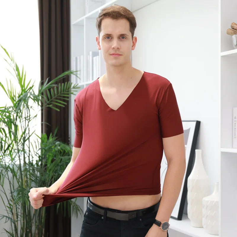 Summer mens ice silk vest short sleeved Tshirt Vneck top breathable thin seamless underwear 250407