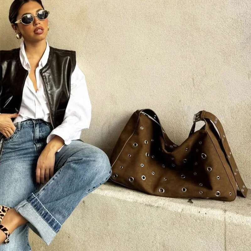 New High-End Literary Style Imitation Suede Texture Rivet Shoulder Bag Work Commuting Dating Hollow Handbag