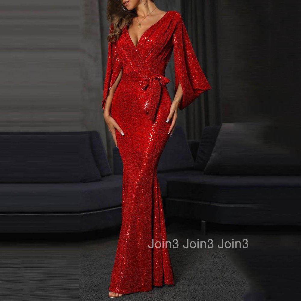2025 Summer New Dress Sexy Slit Solid Color Sequin Long Floor Length Evening Gown
