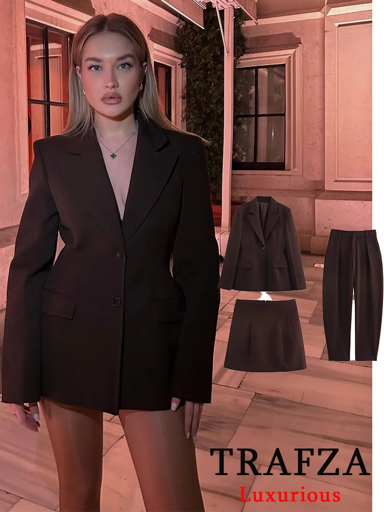 TRAFZA Chic Casual Solid Women Suit Pockets Button Blazer Straight Loose Pants Zipper Skirt Fashion 2025 Spring Summer Sets 250410