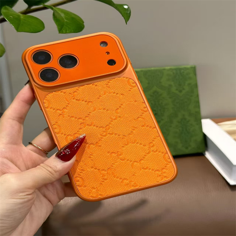 Luxury iPhone Case for iPhone 17 Pro Max 17 Pro 16 15 14 13 Orange Designer Phone Case Embossed Leather Good Grip Shockproof HH Phone Cover for Women Men Gift