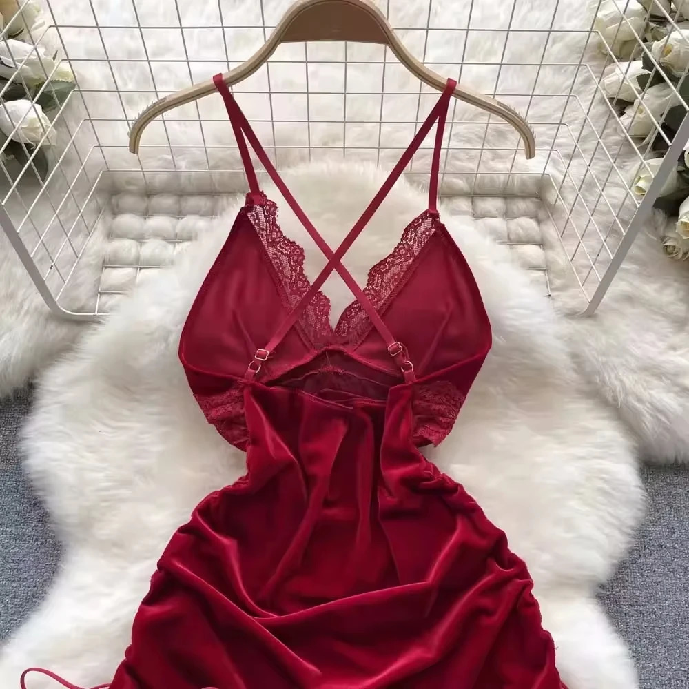Women Sexy Red Ruched Mini Dress Sleeveless Backless Spaghetti Strap Dress Drawstring Bodycon Party Club Dress with Thong 250415