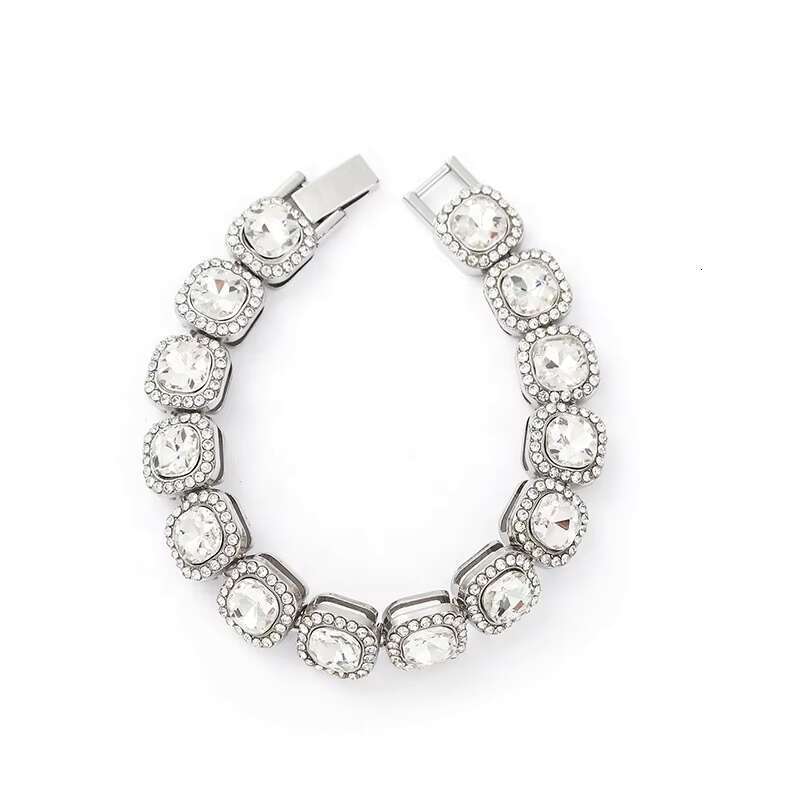 DHcollection Renqing Hot Sell Sier Gold Metal Hip Hop Alloy With Glass 12mm square Cuban Chain Bracelet for Women Men