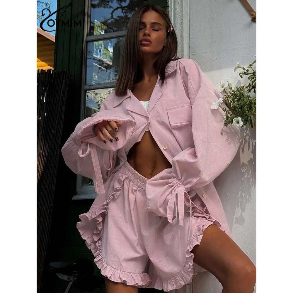 Oymimi Elegant Pink Cotton For Women 2 Pieces Fashion Pockets Long Sleeve Lace-Up Shirts And High Waist Ruffled Shorts Sets