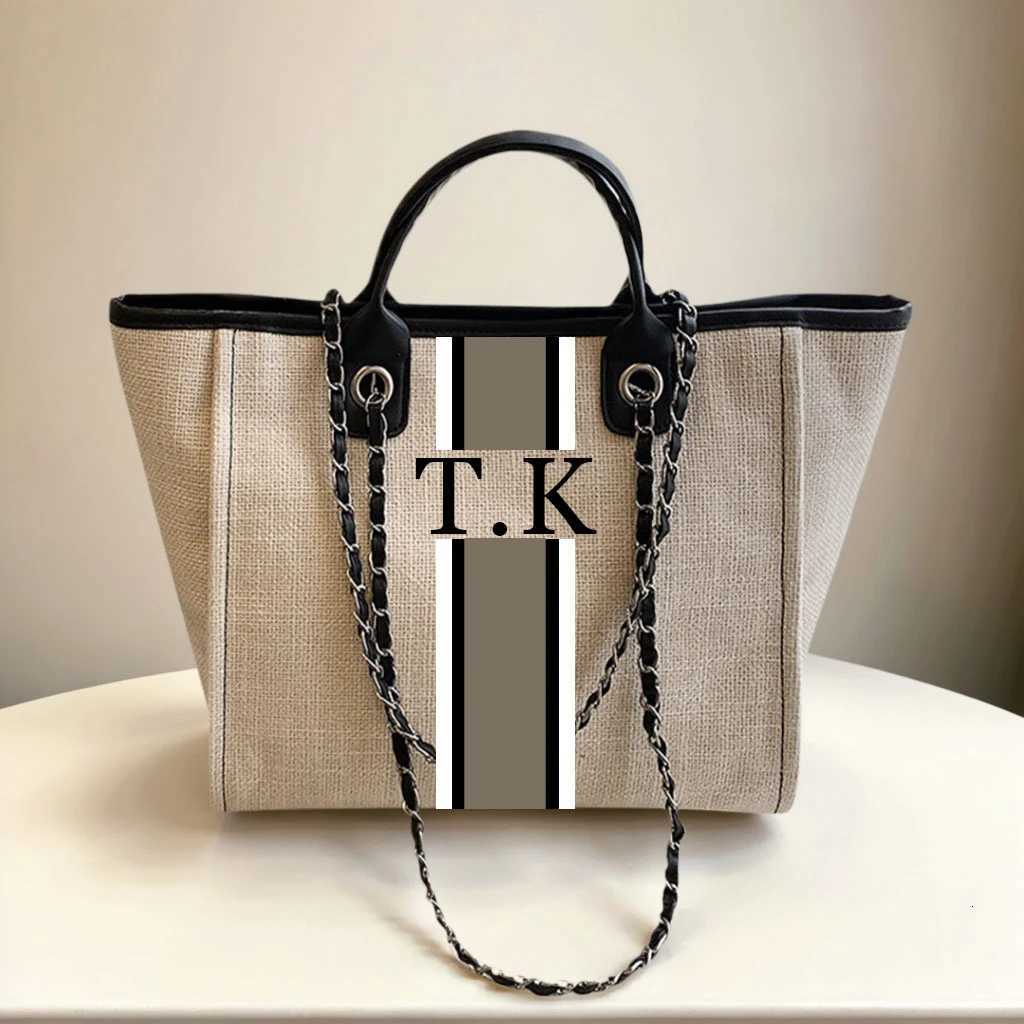 Personalized Monogram Tote Bag Customised Chain Handbag White Stripe Initials Beach Holiday Canvas Tote Womens BagW251115