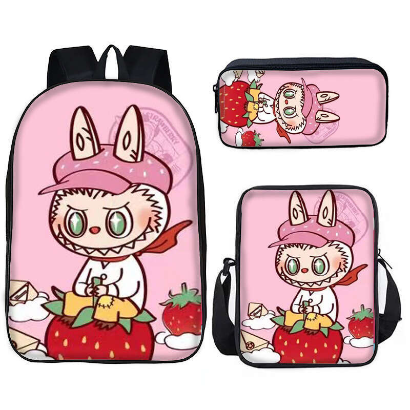 New Labubu Student Pullcloth Pattern Backpack Shoulder Pen Lunch Bag 3-Piece Set