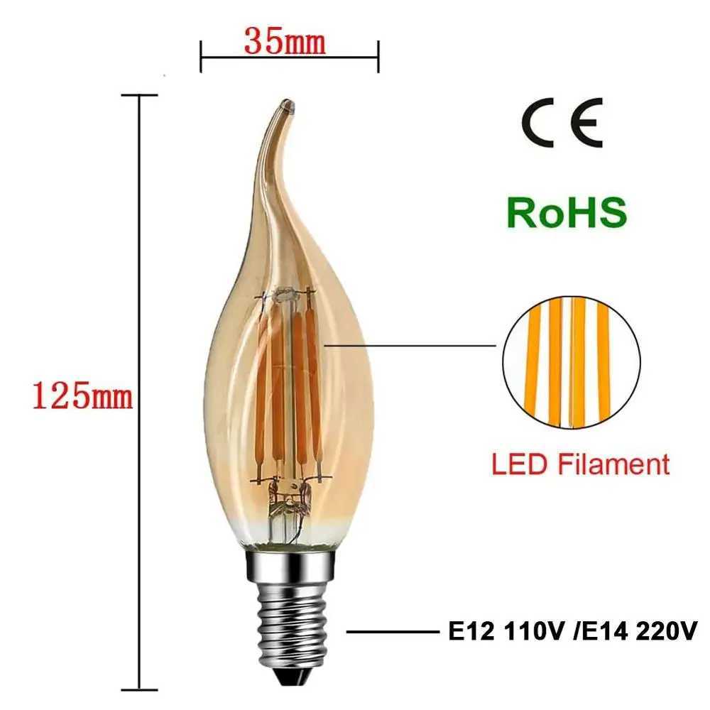 Grensk 4W Dimmable LED Filament Candle Light Bulb 2700K E14 Candelabra Base Flame Shape Bent Tip 25W Incandescent Equivalent C35 C251115