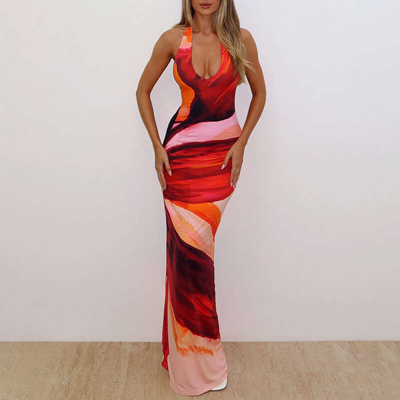 Women's Wear Spring New Women's Fashion Sexy Hanging Neck Strap Off Back Contrast Printed Bag Hip Dress Long Skirt