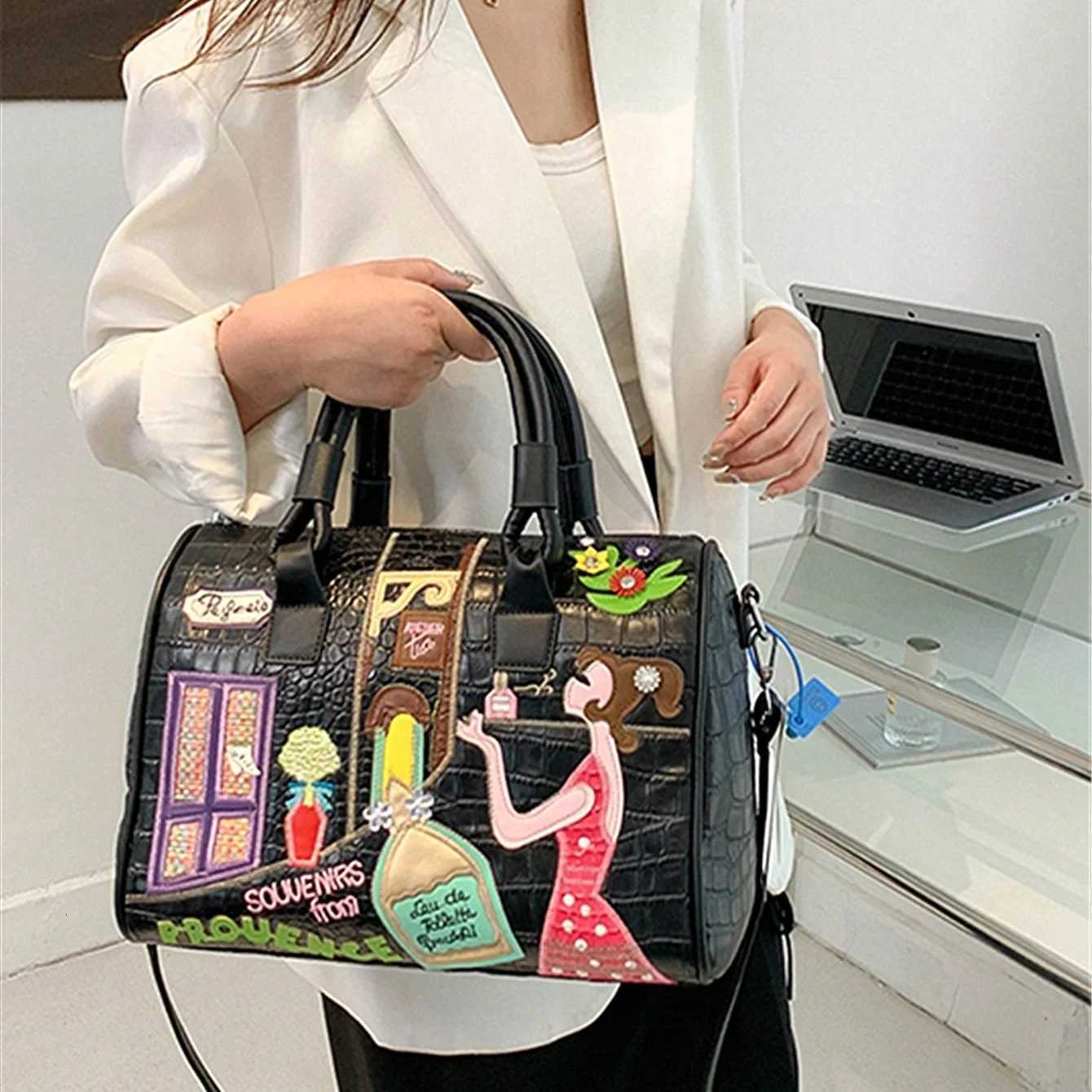 New PU leather backpack handbag crossbody oversized capacity handcrafted figure embroidery womens bagW251115
