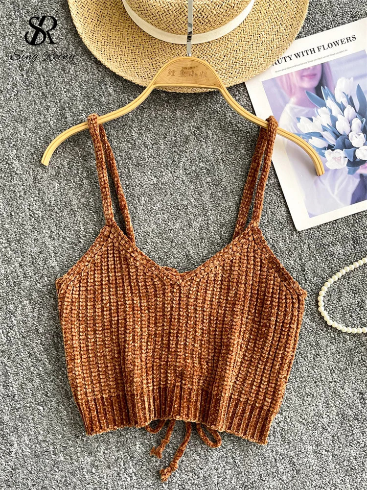 SINGREENY Womens Korean Style Sexy Knitted Camis Fashion V-neck Shoulder Short Camis Womens Lace Solid Street Clothing Camisol 250415