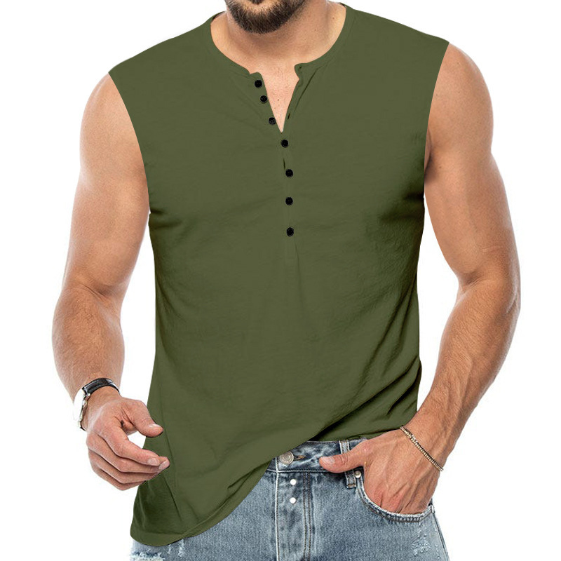 Men's tank top sleeveless summer new men's Henry shirt solid color button sports fitness vest
