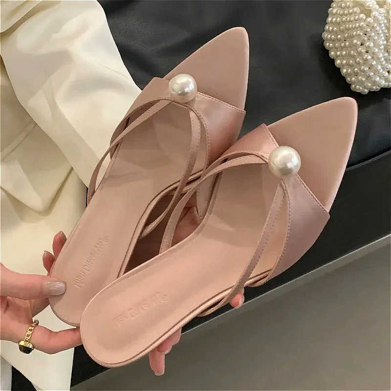 Summer Open Womens Lace Sexy Dot Lace Sandals Elegant Pearl Decoration Thin High Heels 250411