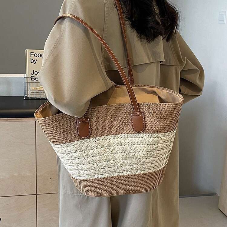 Handmade Beach Bag Fashionable Striped Grass For Summer 2023, New High-Capacity Artistic Style Woven Single Shoulder Portable Women's Bag Kq2