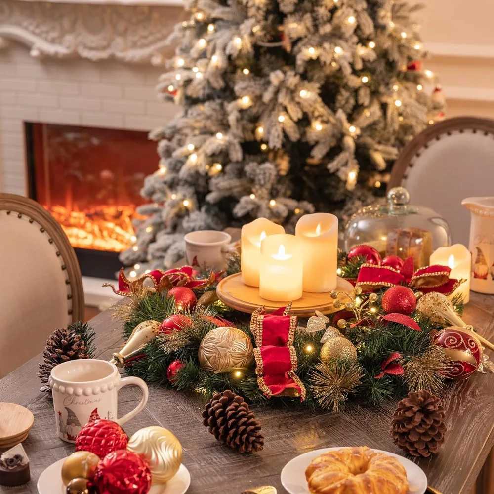 Pre-Lit 24 Inch Christmas Wreath for Front Door Large Outdoor Holiday Wreath with Red and Gold LightsM251115