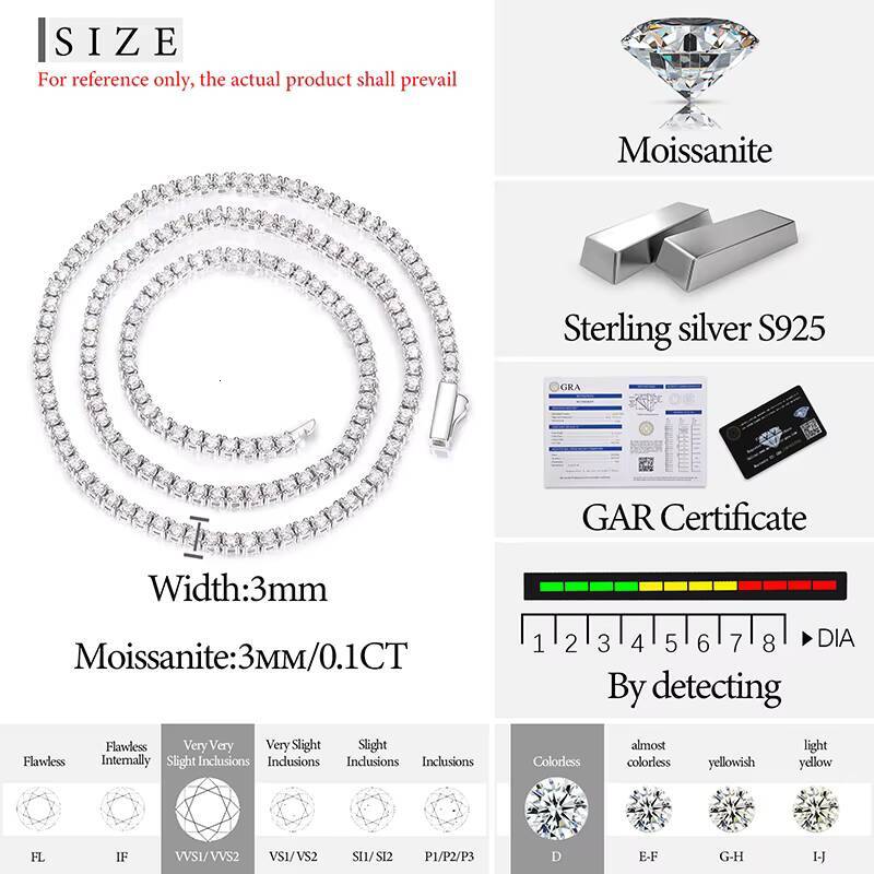 Dropshipping 3mm 925 Sterling Silver VVS Moissanite Diamond Spring Buckle Classical Tennis Chain Necklace With GRA Certificate