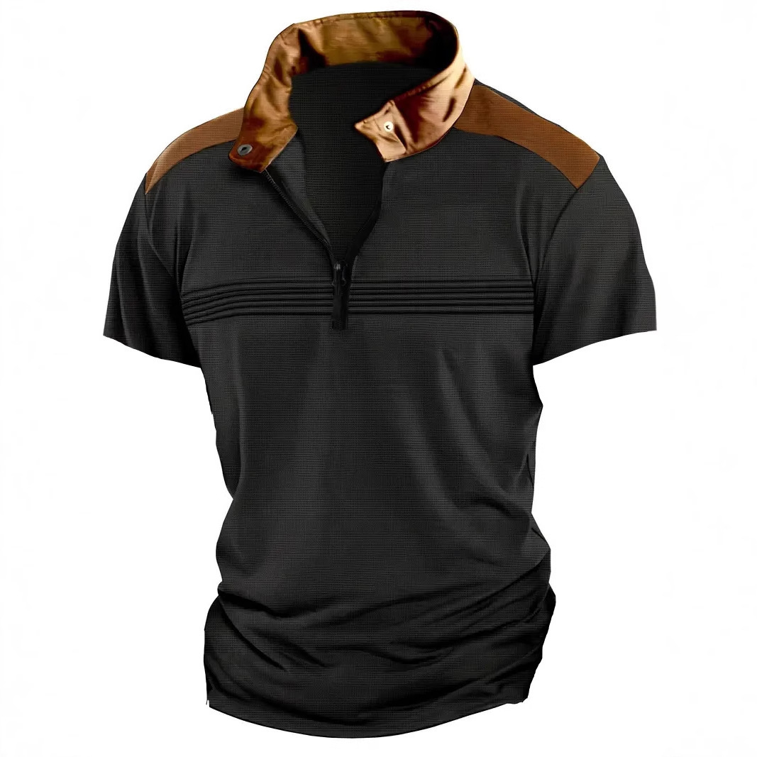 New spliced chest fold mens polo shirt with zipper and short sleeved sports polo shirt