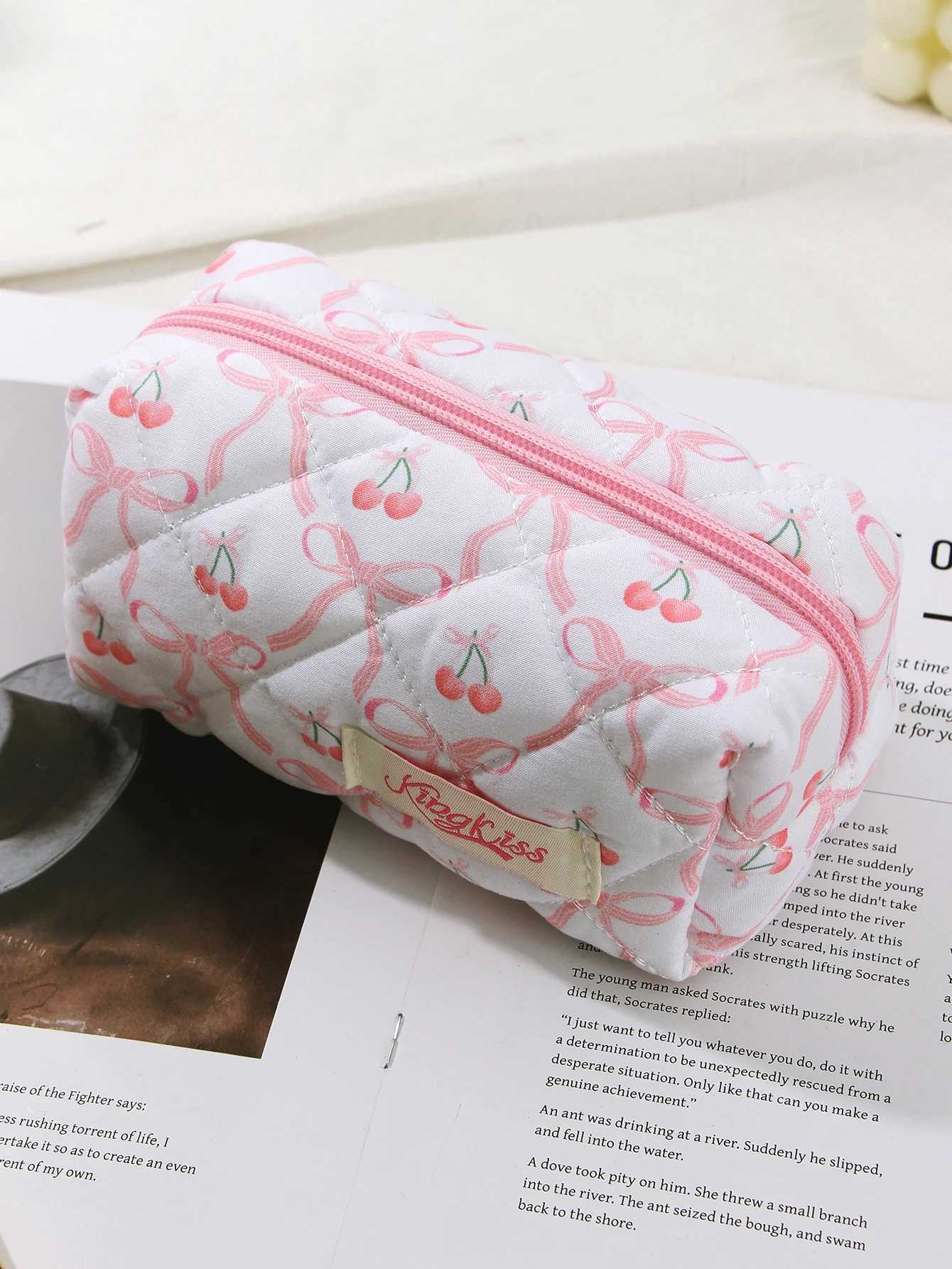 1 piece/set of pink bow tie and cherry print quilted large capacity makeup bag customizable portable makeup bag for girls travel makeup bagXJ250415