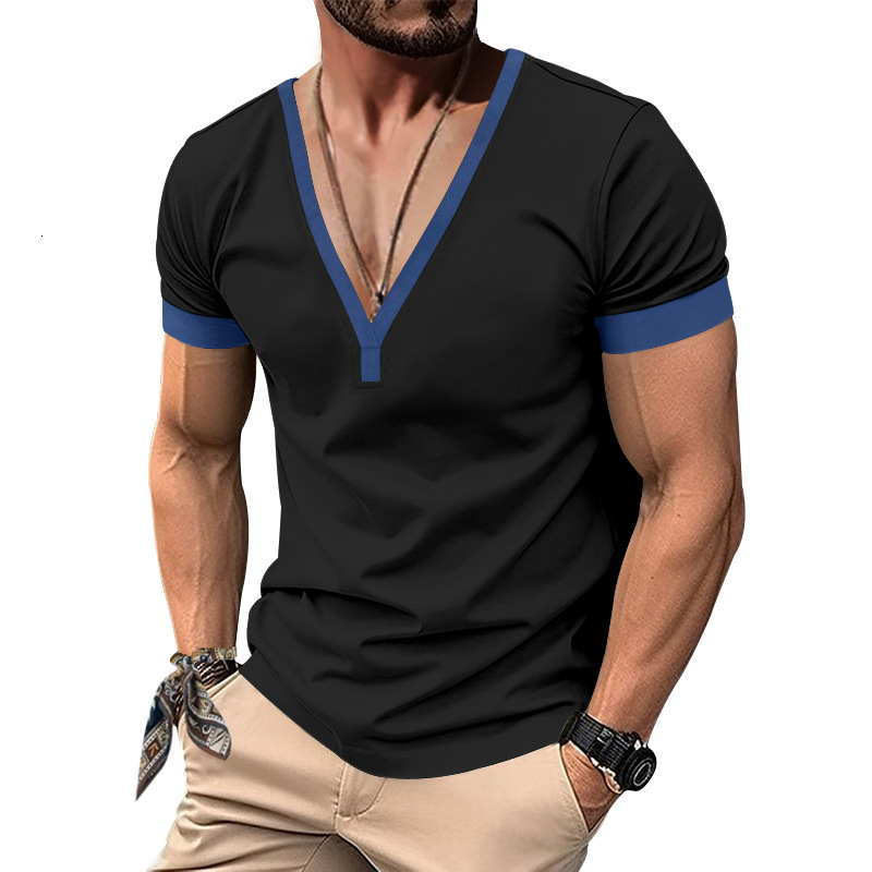 2025 American style spring and summer short sleeved Henry shirt men's V-neck contrasting color top casual slim fit T-shirt