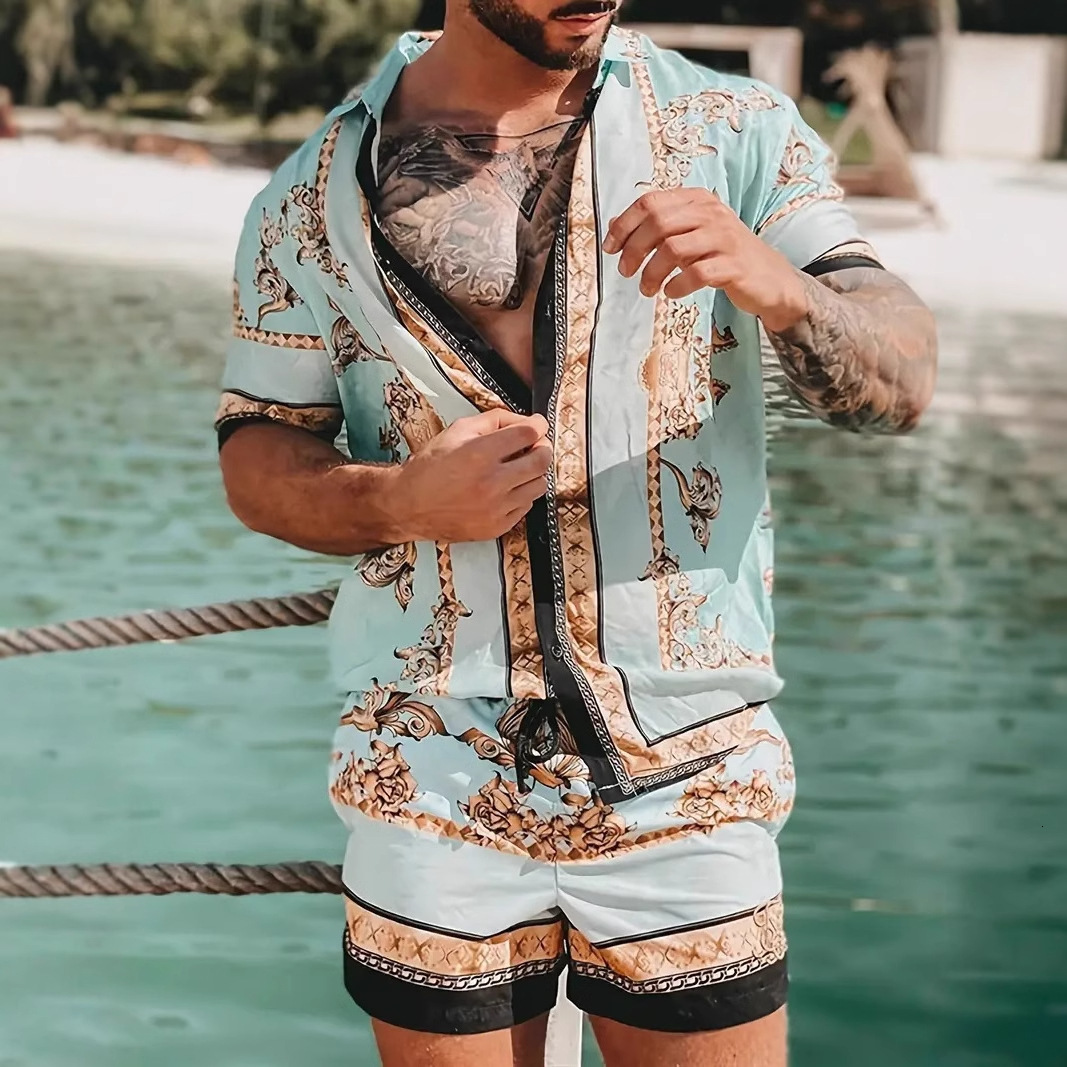2025 Summer Mens Set Shirt Casual Loose Short Sleeve Shorts Beach Set