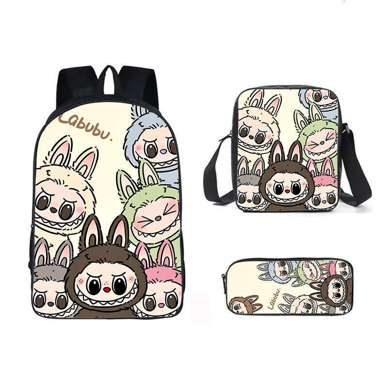New printed Labubu three piece set cartoon rabbit student backpack shoulder bag pencil case for boys and girls