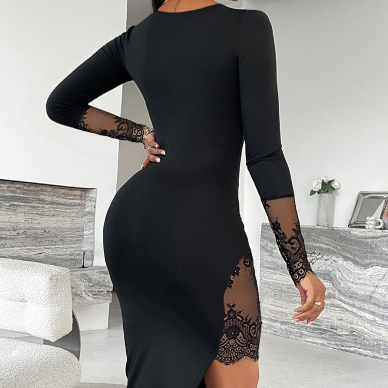 Urban Sexy Dresses Women's Black Square Neck Bodycon Midi Dress - 3/4 Lace Sleeve & Side Split Slim Fit Dress, Elegant Evening Party & Cocktail F