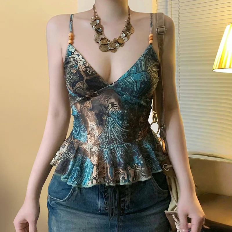 Sexy shoulder strap sleeveless vest fashionable womens patch work V-neck retro street top casual Y2K spring/summer T-shirt 250415