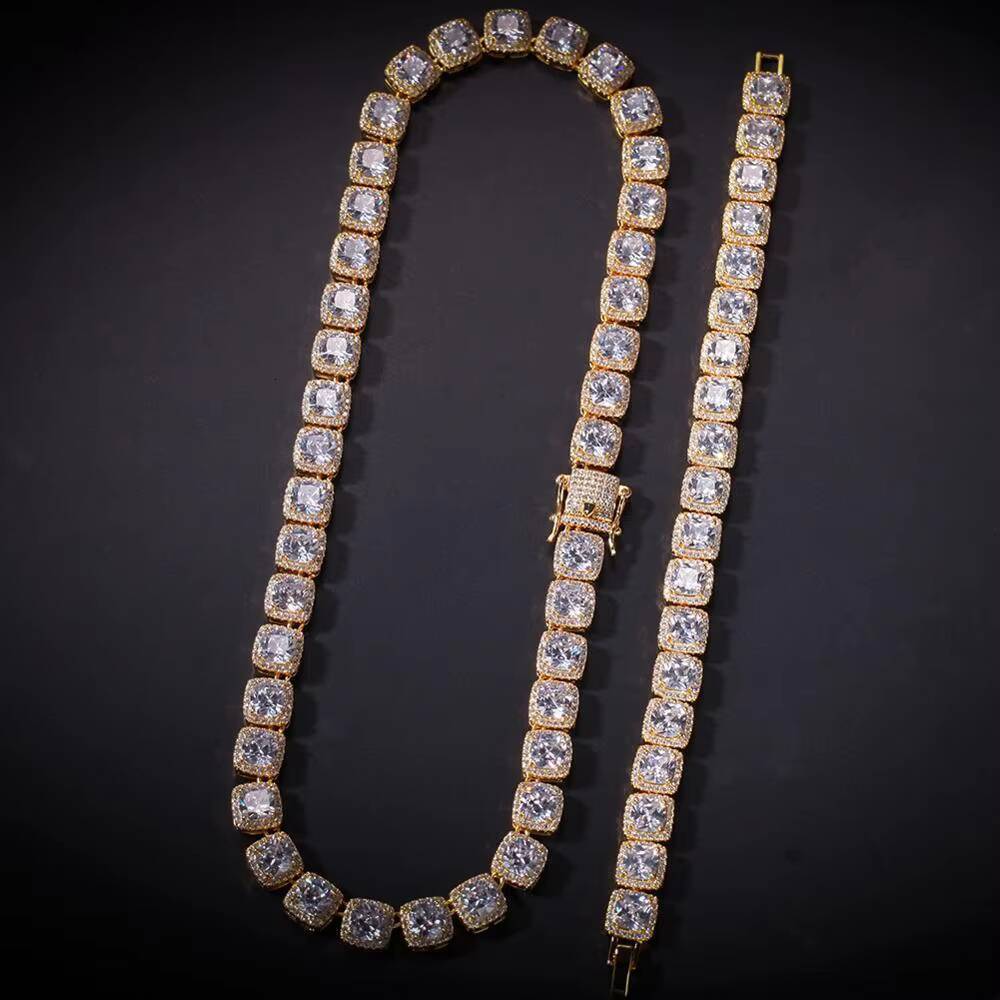 Hip Hop Bling 3A CZ Diamond Tennis Choker Necklace Iced Out Square Clustered Tennis Chain