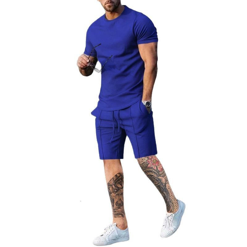 2025 Men's Wear Summer Sports and Leisure Solid Color Round Neck T-shirt Short Sleeve Set for Men