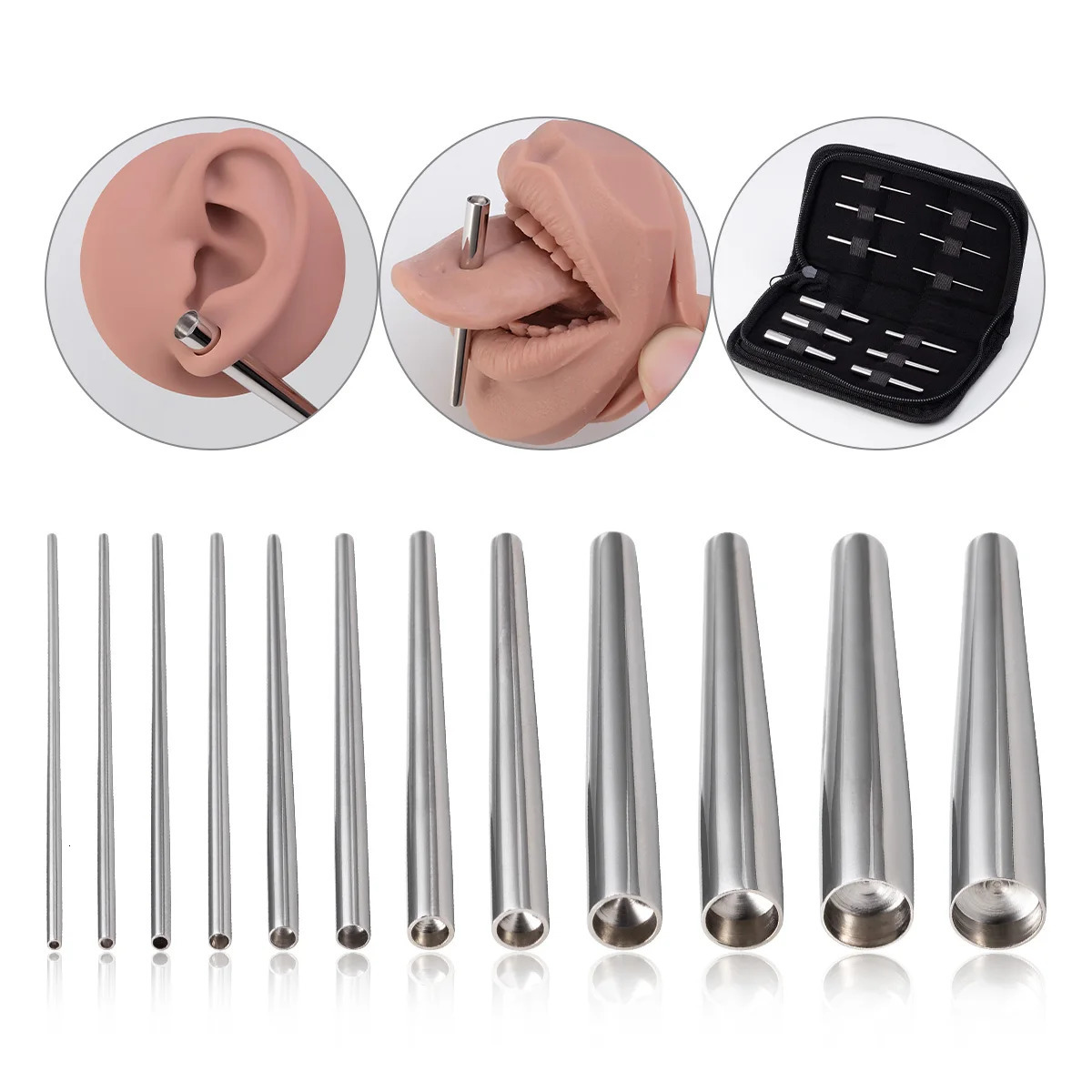 12PCS 1.2-9mm Steel Concave Taper Expander Stretching Kit Concave Ear Taper Professional Insertion Pin Piercing Jewelry 250408