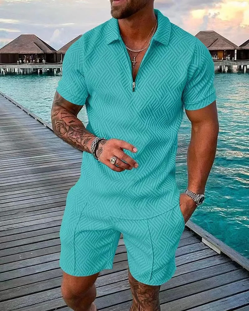 Mens fashion casual light striped POLO shirt set summer lapel short-sleeved pullover sports trend slim-fit mens T-shirt 250415
