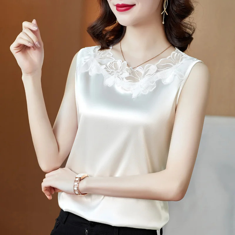 #1212 Summer Tank Top Women Spliced Lace O-neck Hollow Out Office Top Female Sleeveless Elegant Top Woman Outwear Basic Tank Top 250415