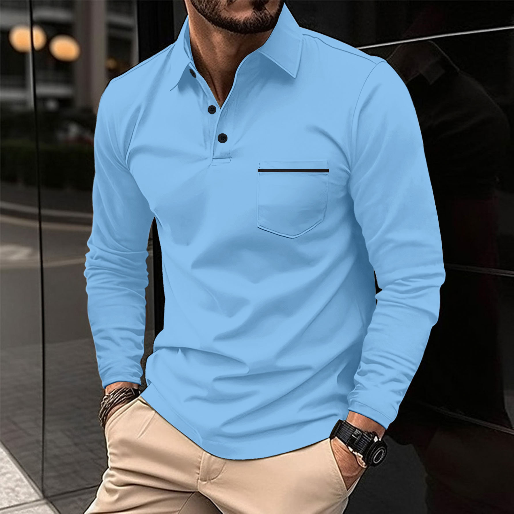 Fashionable mens polo shirt long sleeved lapel button pocket mens casual top
