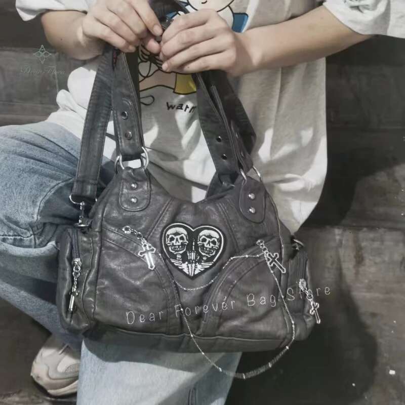 Y2k Women's Vintage Motorcycle Shoulder Fashion Soft PU Chains Multiple Pockets Tote Bags Moto Style Messenger Crossbody Bag