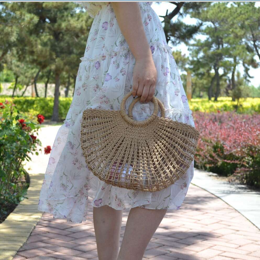 Handmade Beach Bag 2025 New Straw Shoulder Bag Paper Rope Hollow Round Bucket Kq2