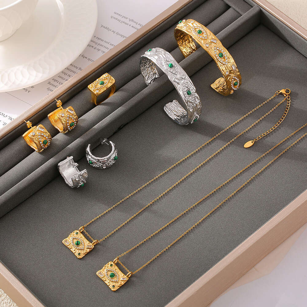 Texture Devil's Eye Square Pendant Necklace Ring Earrings Open Bracelet Titanium Jewelry Set