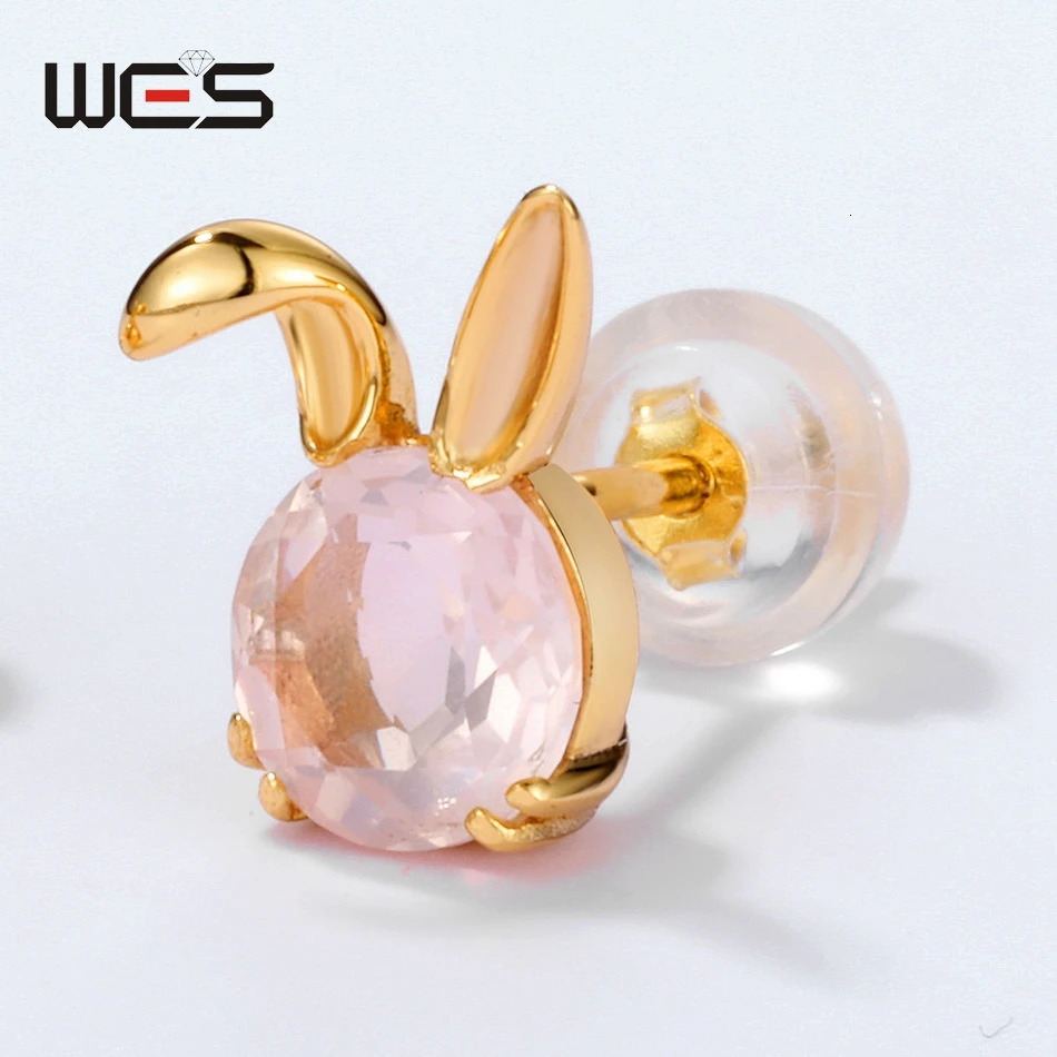 WES 925 sterling silver cute rabbit earrings suitable for women natural gemstones 6 * 6mm mousse agate rose quartz Christmas wedding gift 250409