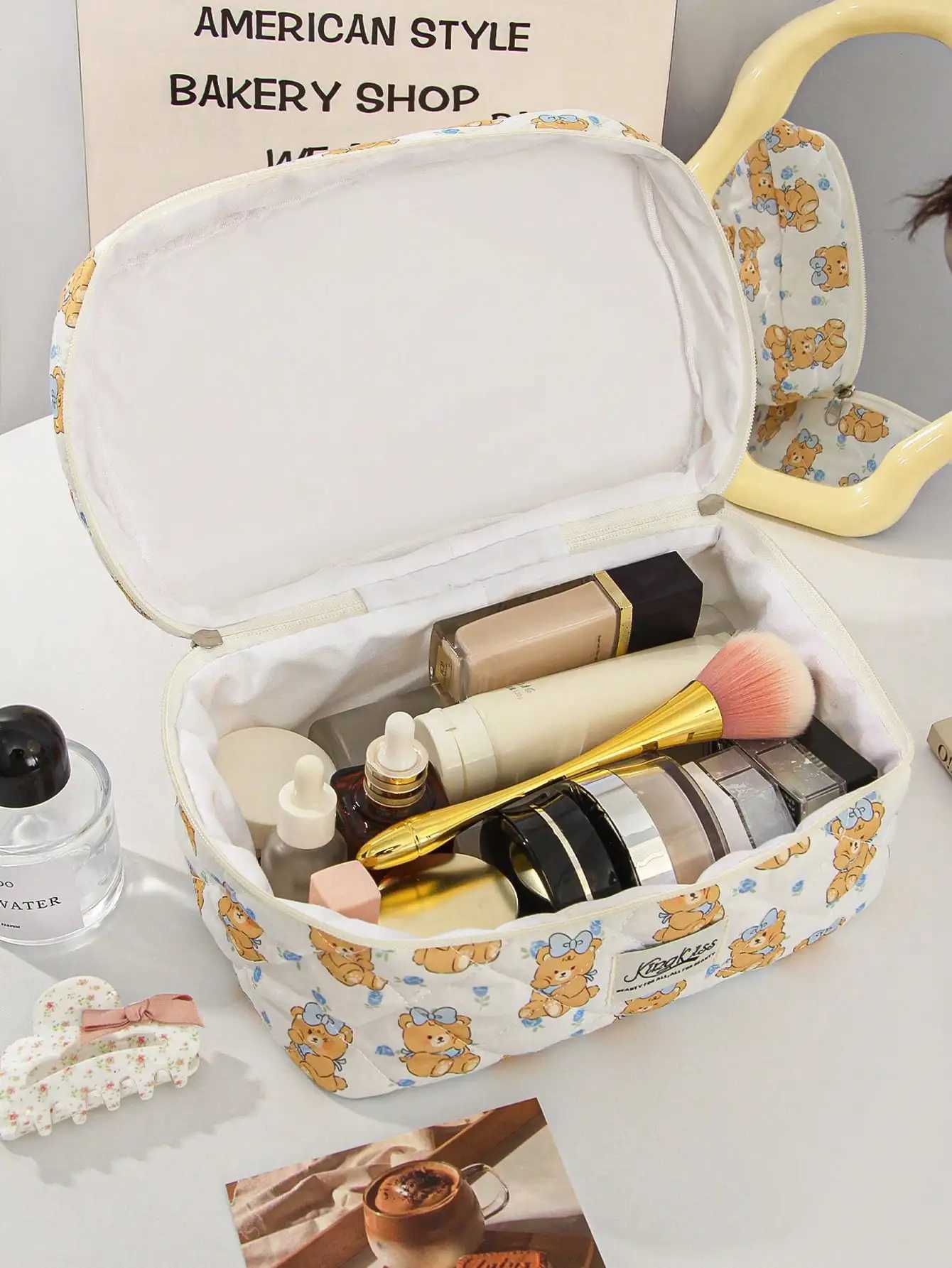 1 piece/set of cute blue flower and bow bear pattern printed large capacity cosmetic storage bag organizer gift for friends and teachersXJ250415