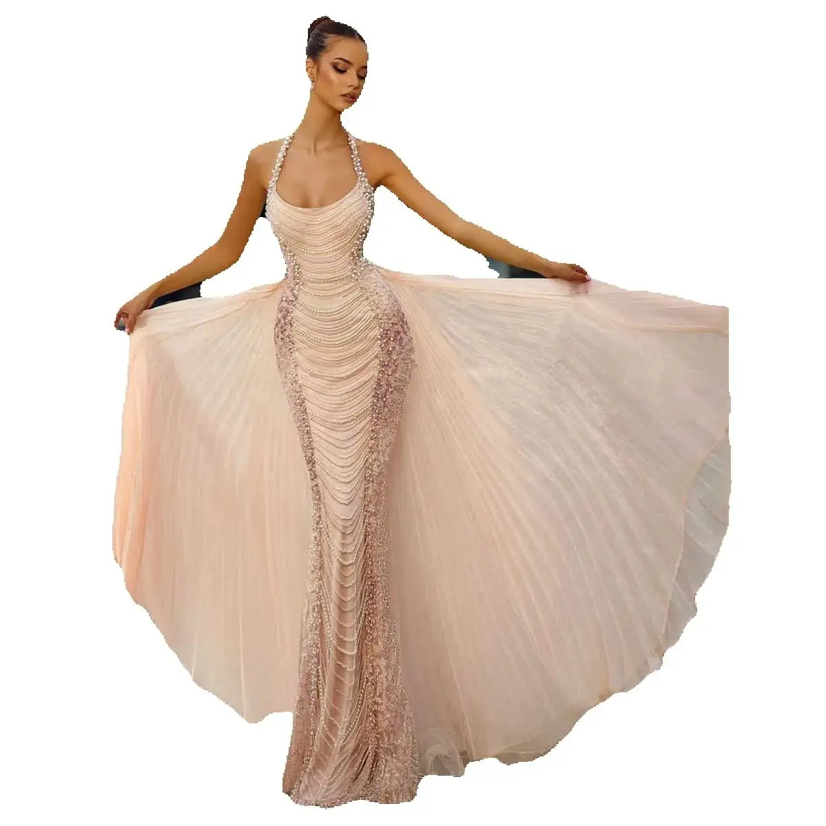 Mermaid Prom Gown Pearls Evening Dress Sleeveless Elegant Tulle 3D-Lace Backless Sexy V-Neck Robes De Mariee Size Customized L241641