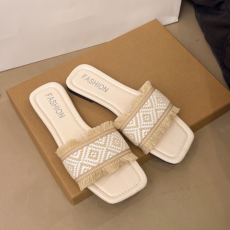 Free shipping Fashion Flat Fringe slipper Women 2025 Summer New Square Head Large Size 42 Low Heel Casual slippers