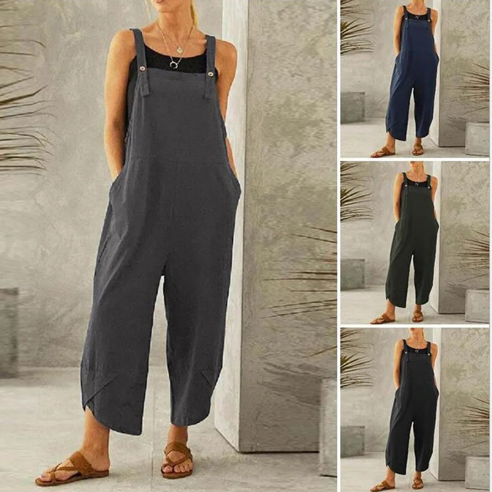 Women Loose Wide Leg Overalls Summer Adjustable Solid Color Cotton Linen Baggy Full Trousers Female Jumpsuits Oversized 250415