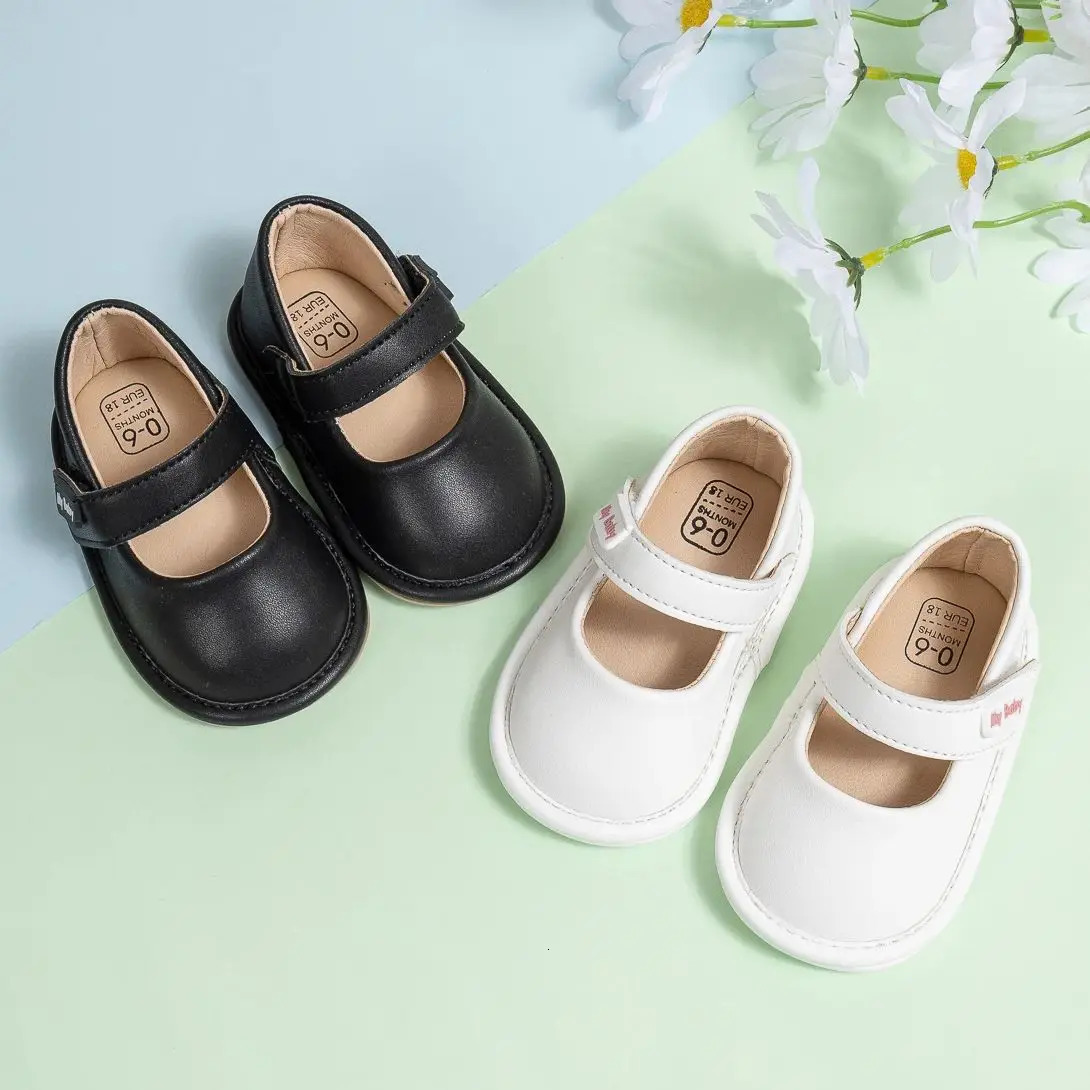 KIDSUN Fashion Black Leather Baby Shoes Girls Infant Non-Slip First Walker Crib Shoes Princess Wedding Dress Shoes Ballet Flats 250415